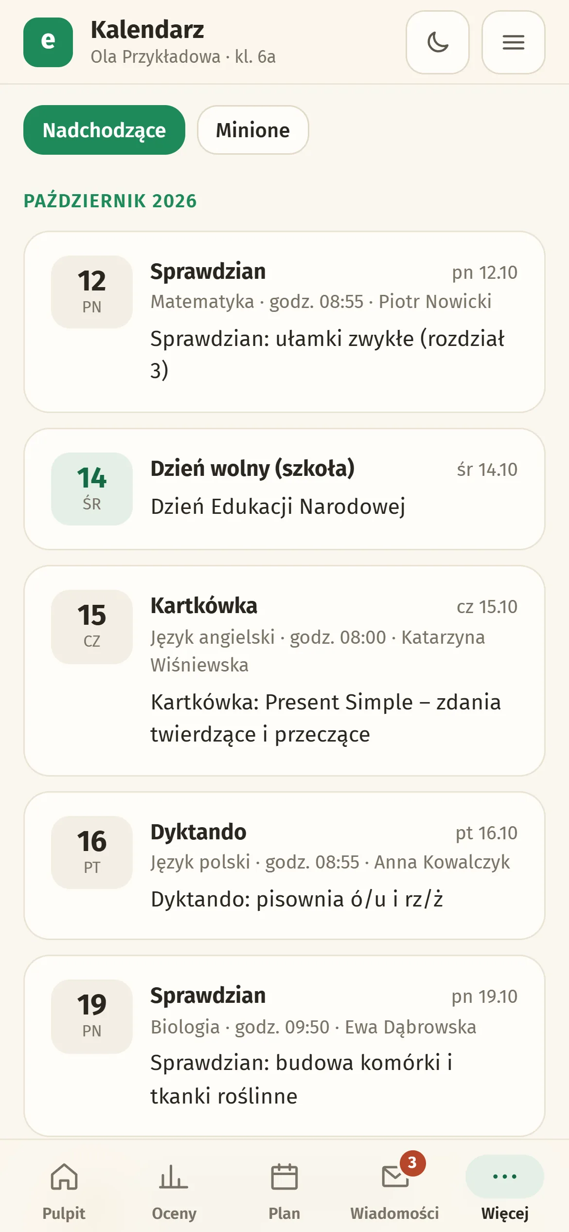Kalendarz i sprawdziany w e-frekwencja.pl na telefonie