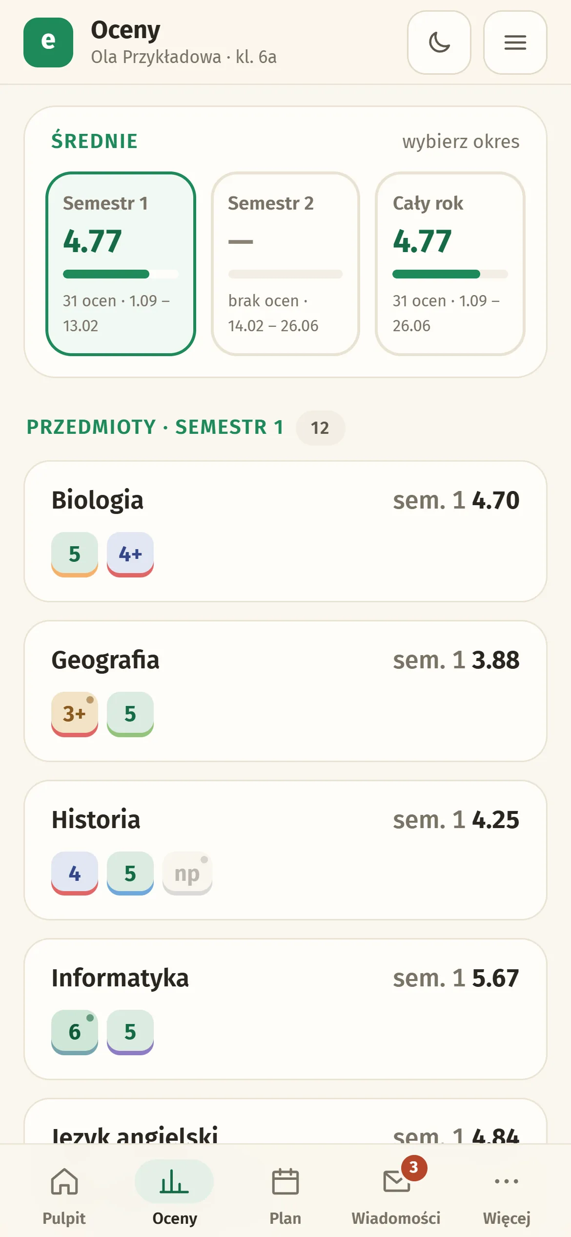 Oceny w e-frekwencja.pl na telefonie