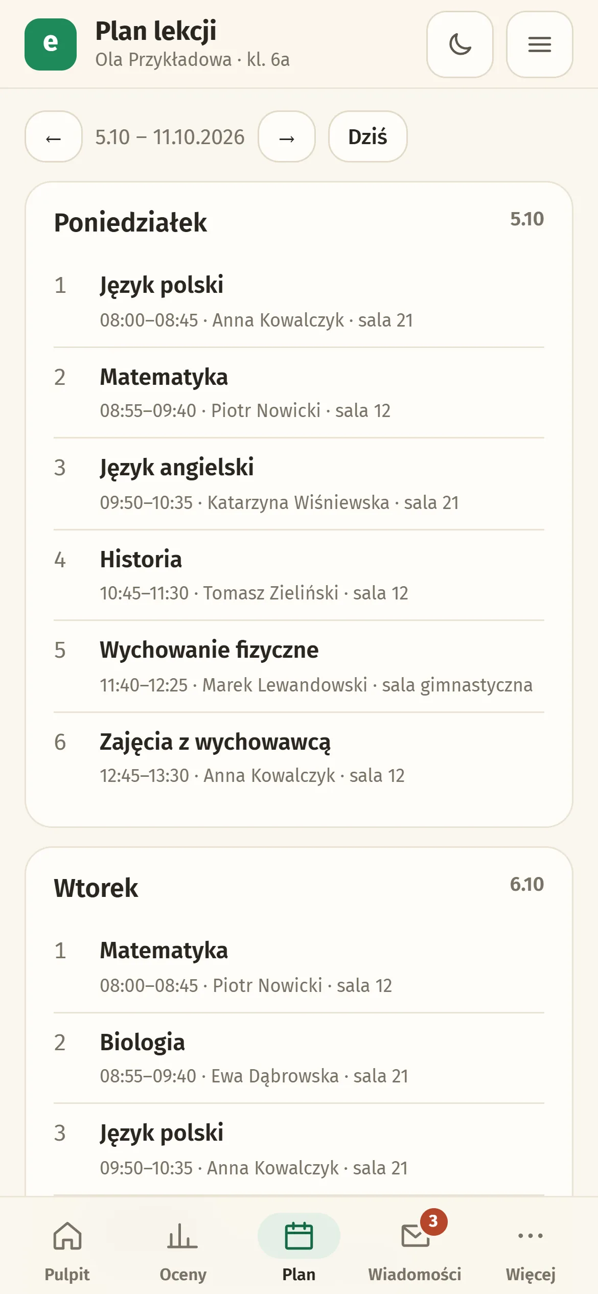 Plan lekcji w e-frekwencja.pl na telefonie