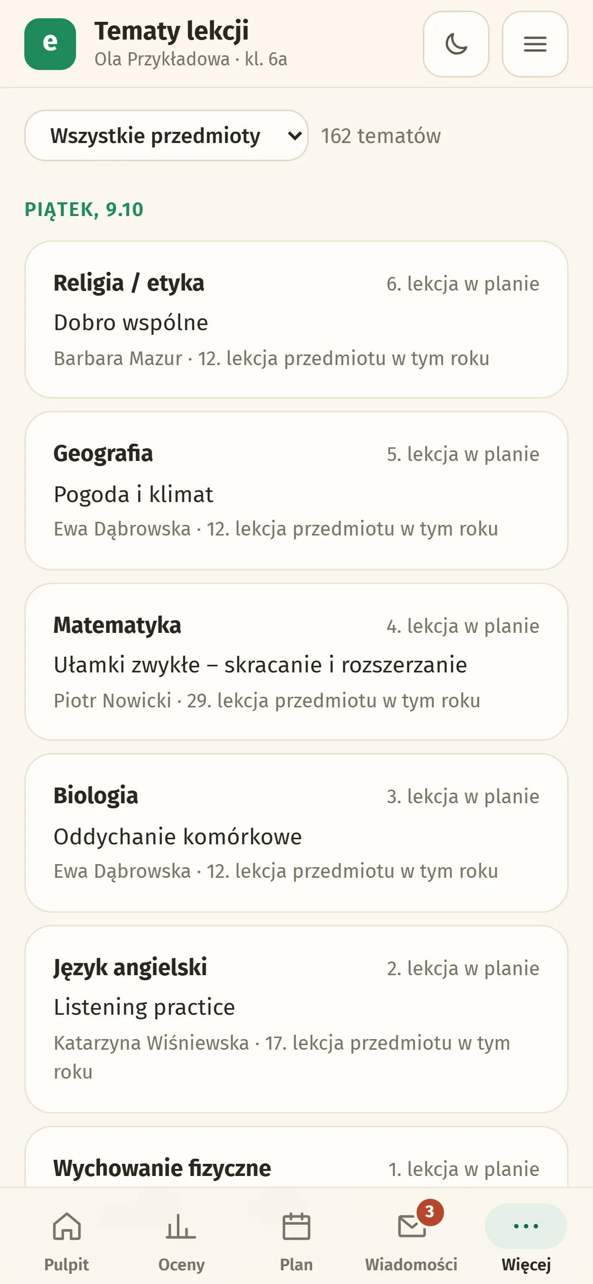 Tematy lekcji w e-frekwencja.pl na telefonie