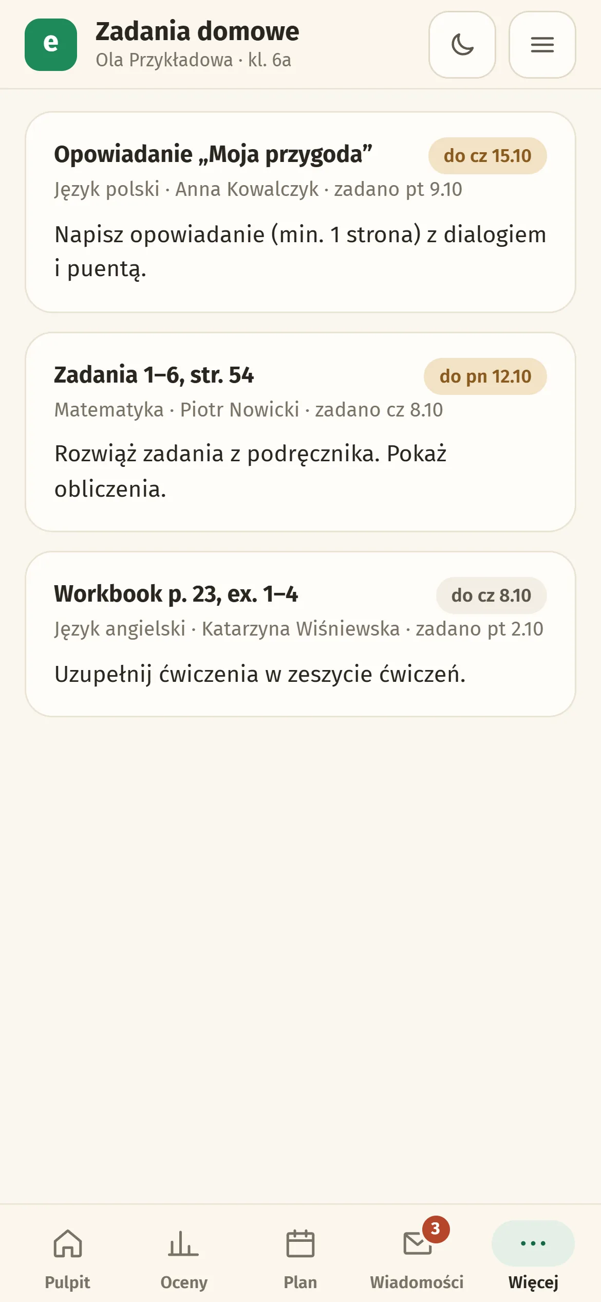 Zadania domowe w e-frekwencja.pl na telefonie